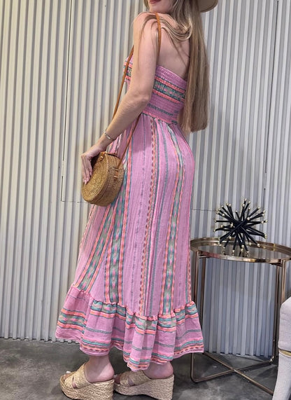 Robe longue bustier rayures multicolores en gaze de coton T.U