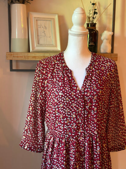 Robe fluide imprimé léopard bordeaux col V manches 3/4 T.42