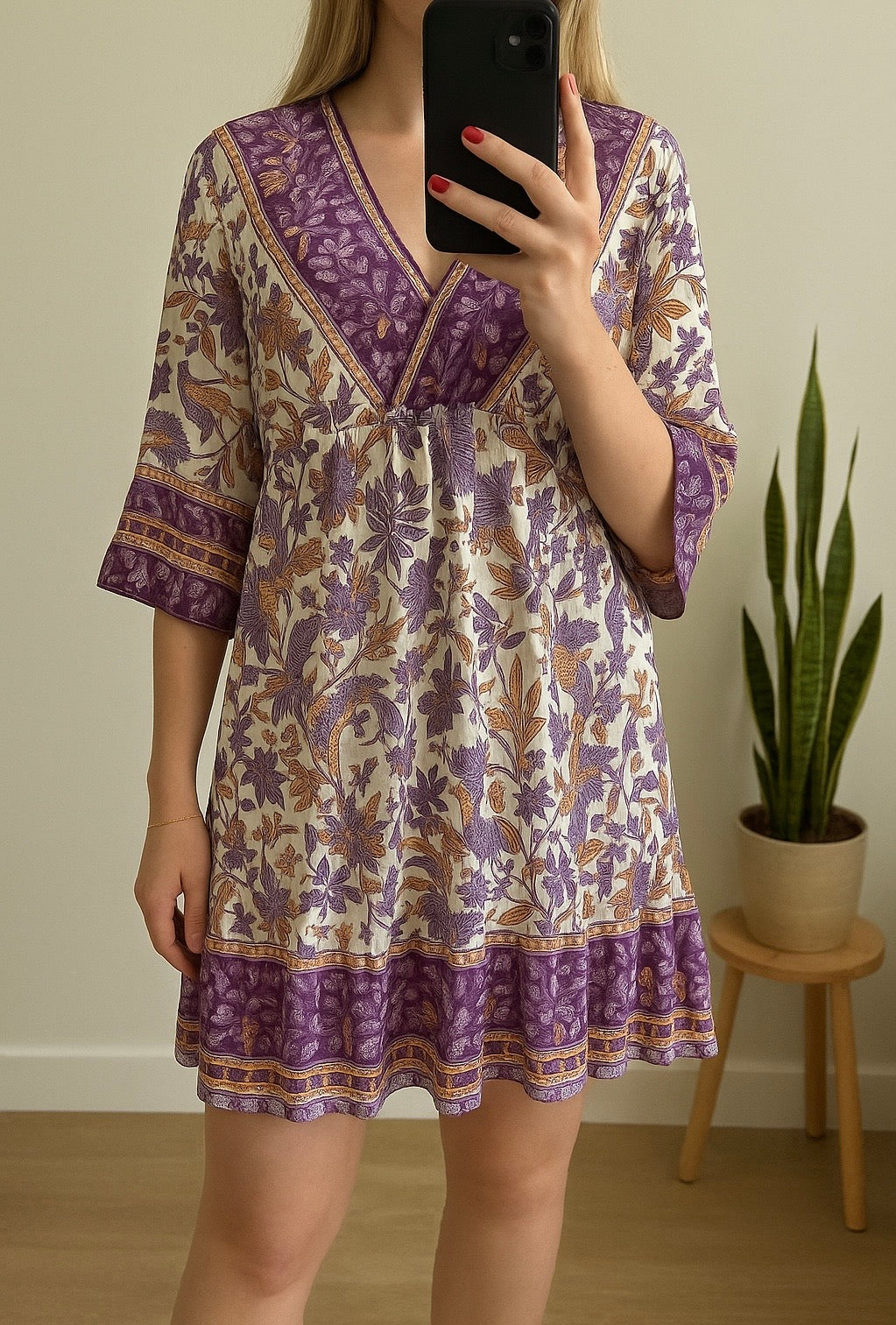 Robe fluide bohème imprimé floral violet/orangé T.U