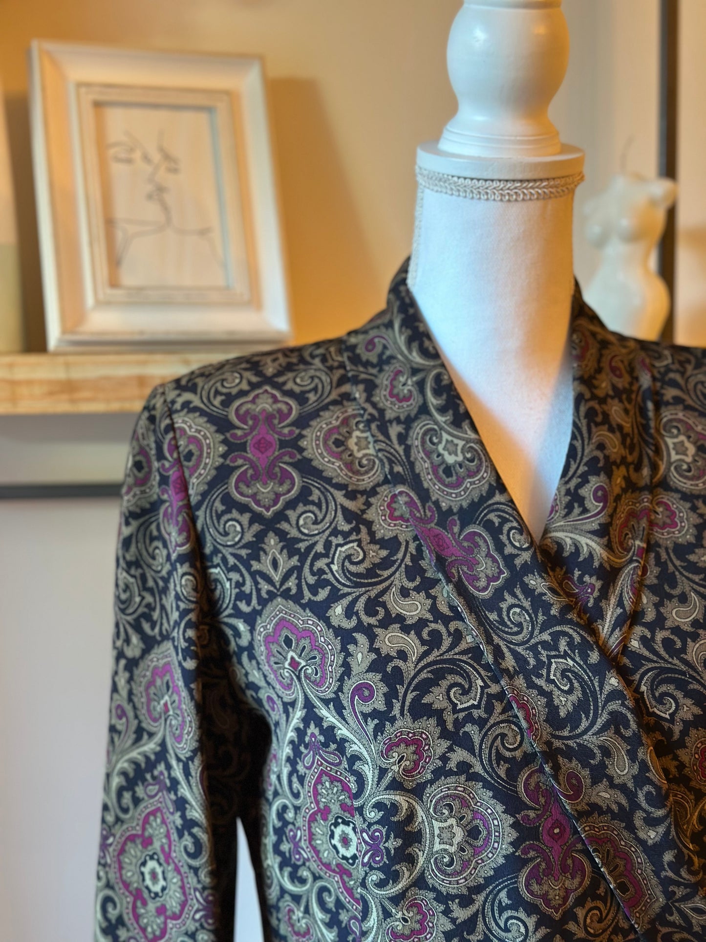 Blouse portefeuille vintage motif cachemire 100% soie T.38