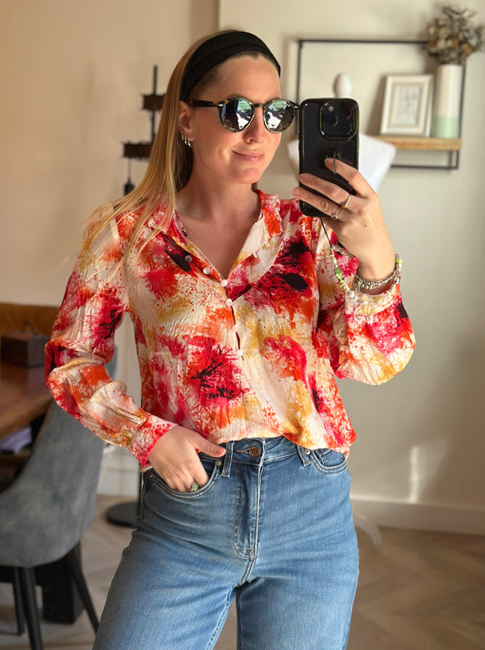 Blouse imprimé abstrait rouge orange fluide viscose manches longues T.38