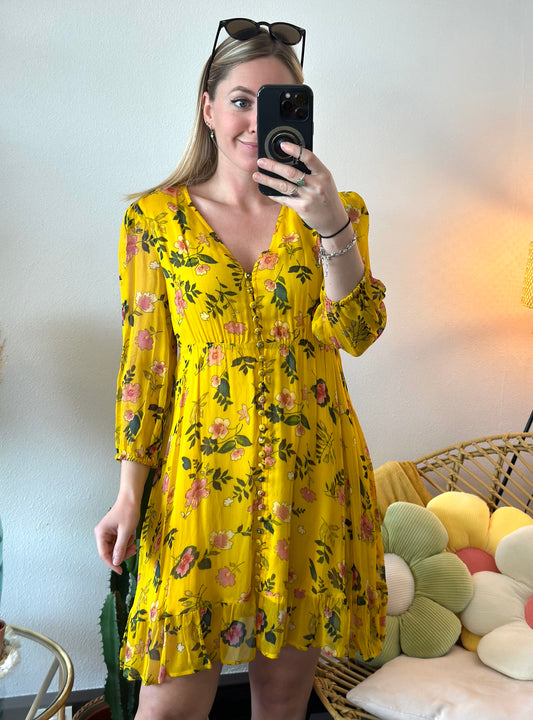 Belle robe jaune à fleurs T.36 neuve