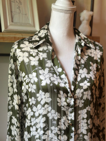 Chemise fleurie kaki & écru T.36