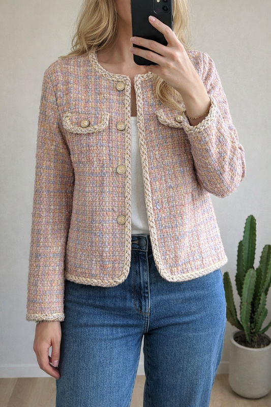 Veste tweed rose clair boutons dorés T.36