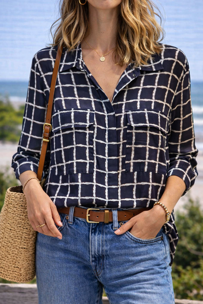 Chemise imprimé carreaux noir beige T.40