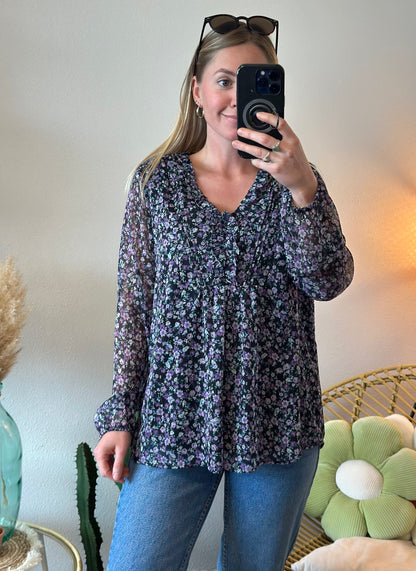 Blouse noire à motifs fleuris lilas T.38