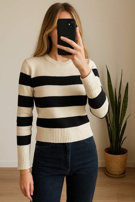 Pull marinière à rayures noir et écru T.34