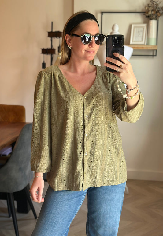 Blouse broderie ajourée kaki T.42