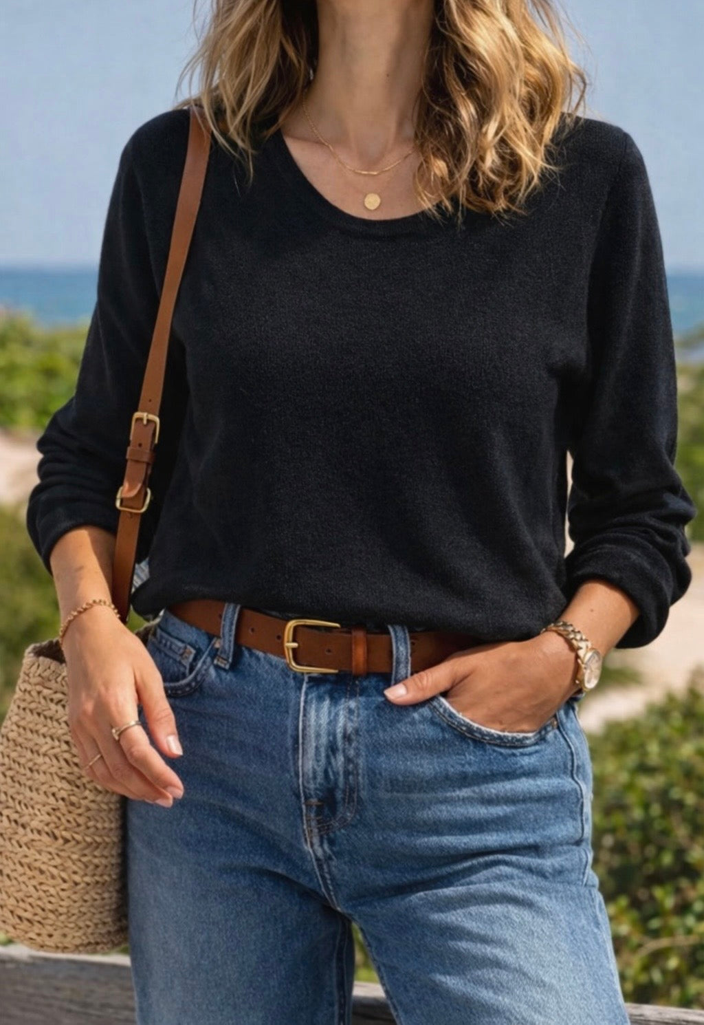 Pull col V uni noir en cachemire T.38