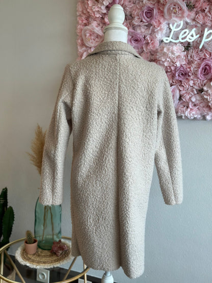 Manteau en bouclette teddy mi-long, couleur crème, T.36/38