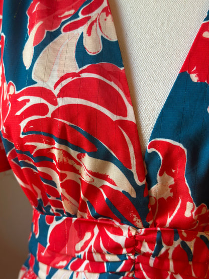 Robe fluide imprimé tropical rouge bleu T.38/40