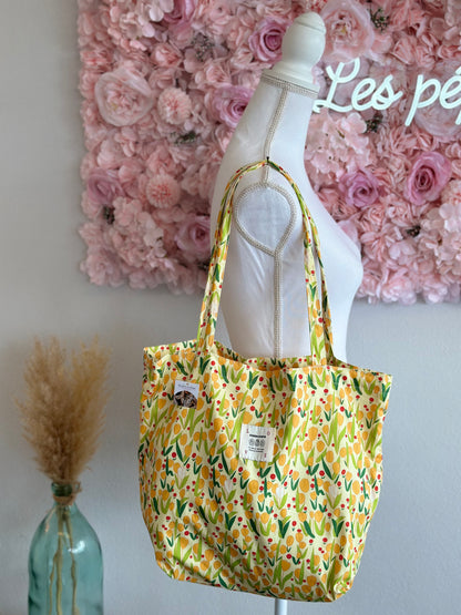 Sac tote bag en tissu imprimé fleuri jaune neuf