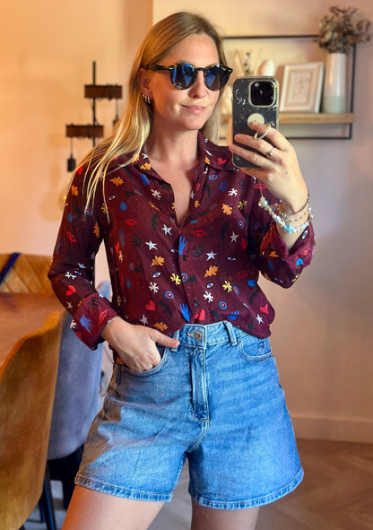 Chemise à motifs  imprimée en soie bordeaux multicolore T.36