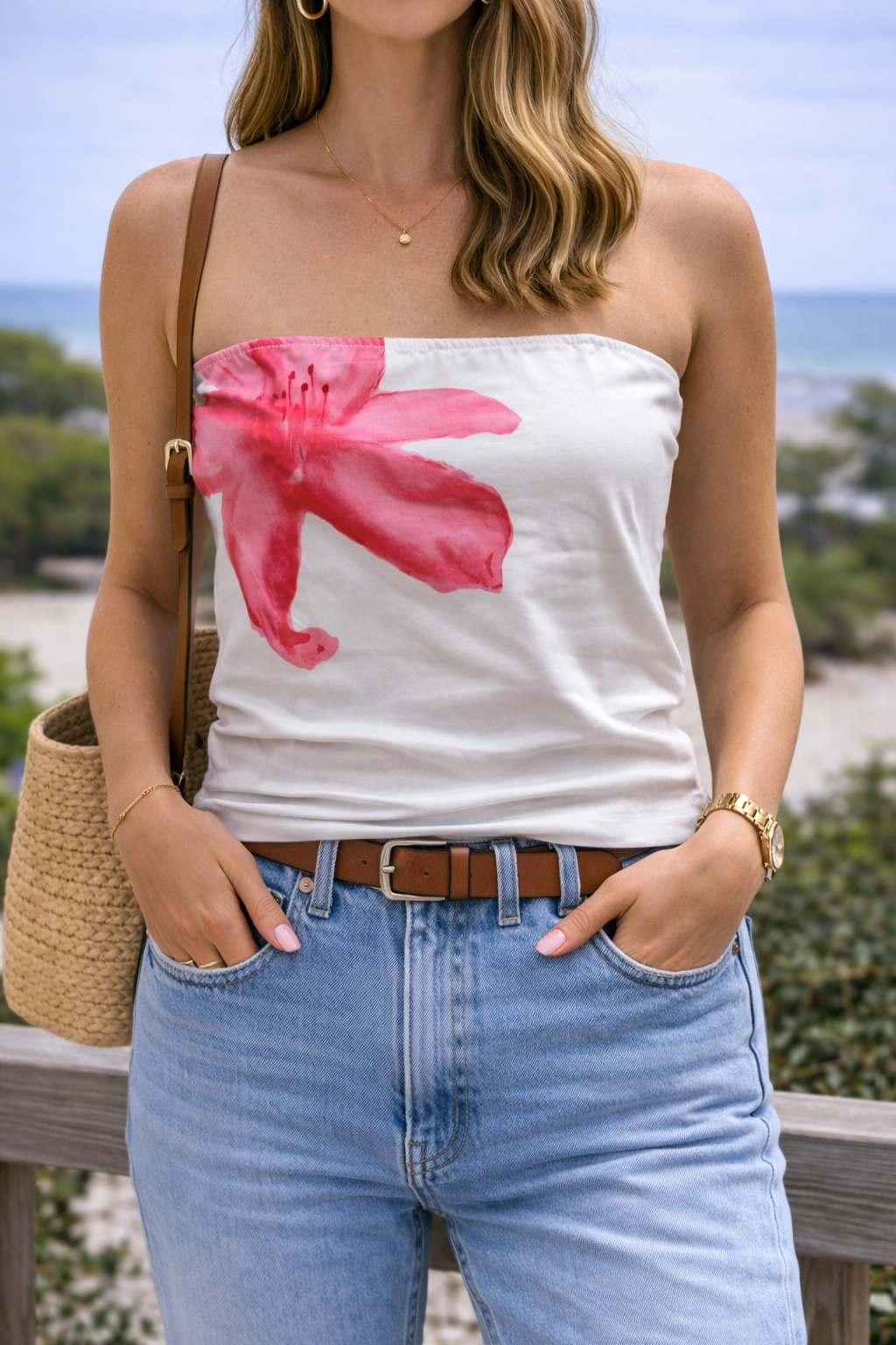 Top bustier imprimé floral blanc rouge et rose neuf T.36