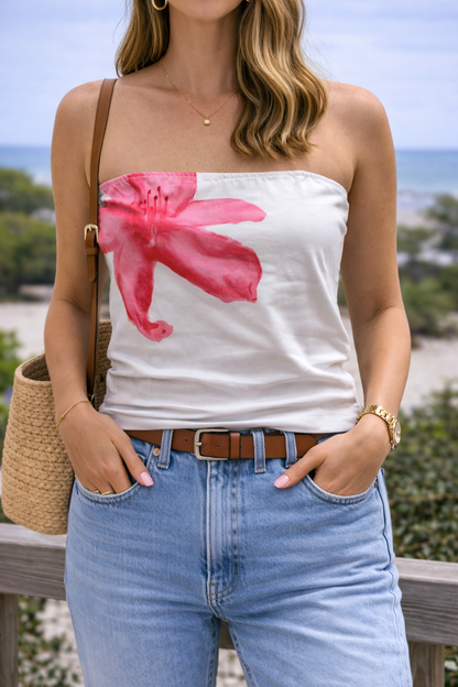 Top bustier imprimé floral blanc rouge et rose neuf T.36