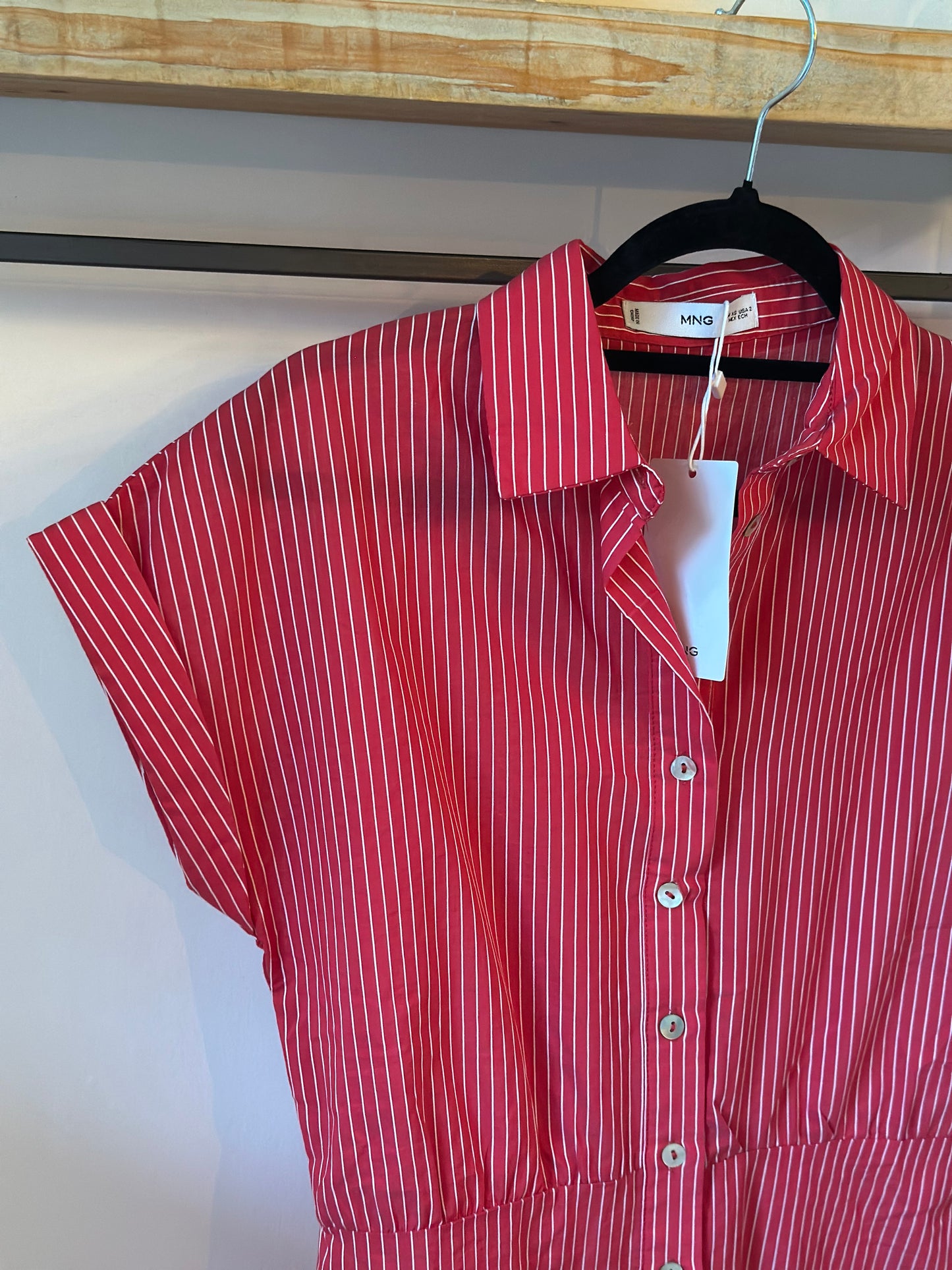 Robe chemise rayée rouge coton lyocell T.34 neuf avec étiquette