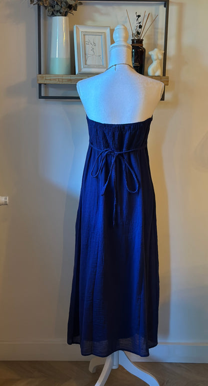 Robe longue bustier en gaze de coton bleu marine T.38