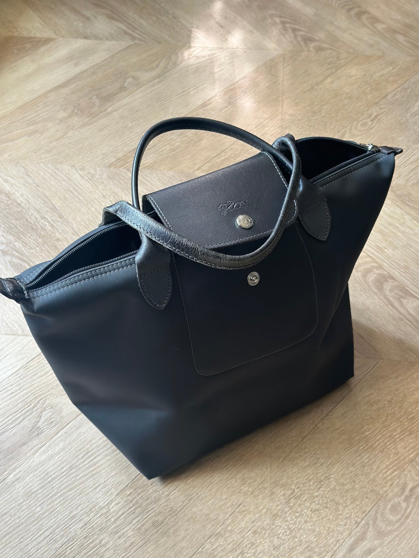 Sac Le Pliage Neo bleu gris toile et cuir