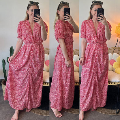 Robe fluide rouge à motifs fleuris blancs T.36/38