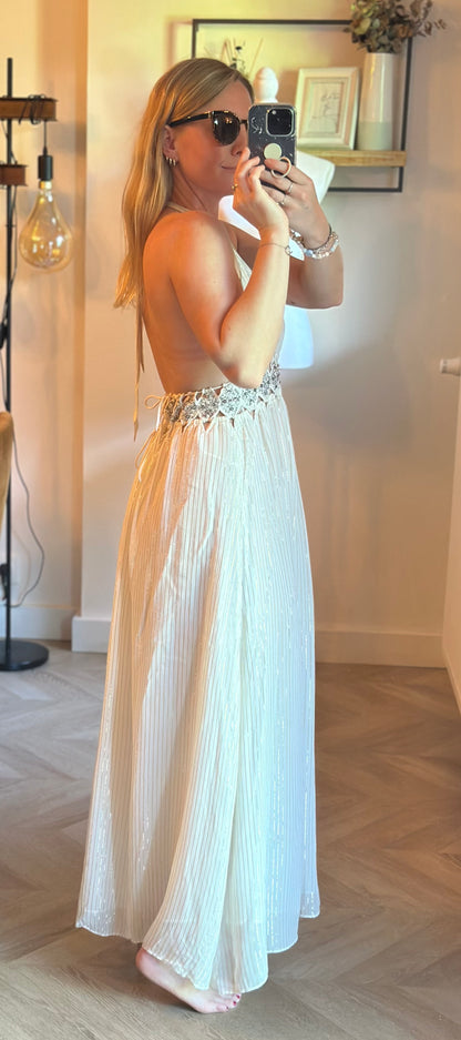 Robe longue dos nu écrue et dorée T.34
