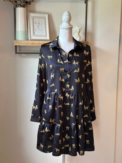 Robe courte fluide imprimé tigre noir et doré T.36