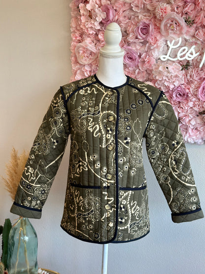 Veste matelassée « Madeleine » kaki à motifs fleuris et cachemire, T.34 oversize, neuve