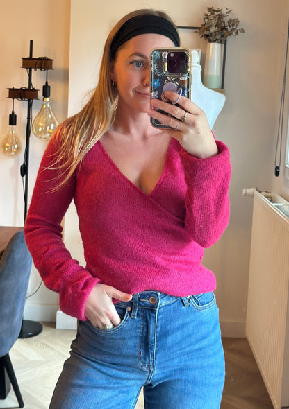 Pull maille fine mohair rose col cache-cœur T.36