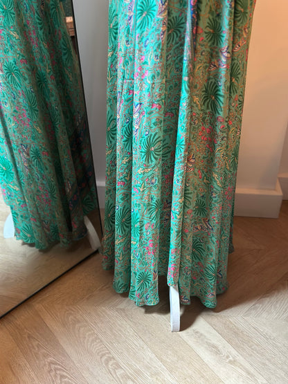 Robe longue imprimé fleuri, dos nu, en soie T.U