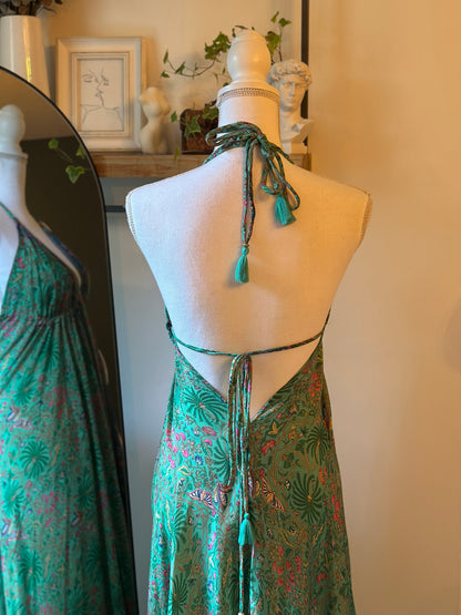Robe longue imprimé fleuri, dos nu, en soie T.U