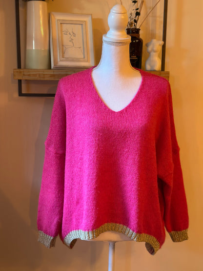 Pull col V rose fuchsia en laine fabriqué en Italie T.U