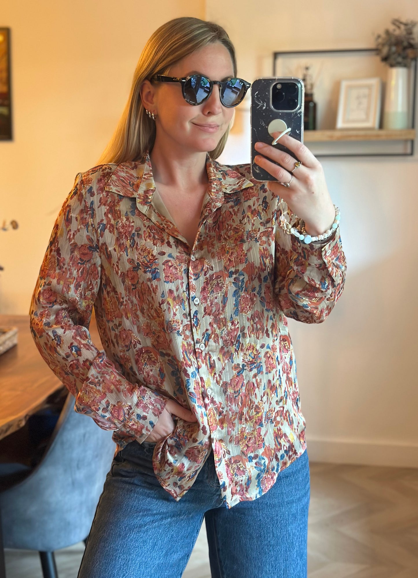 Chemise fluide fleurie beige irisée T.36