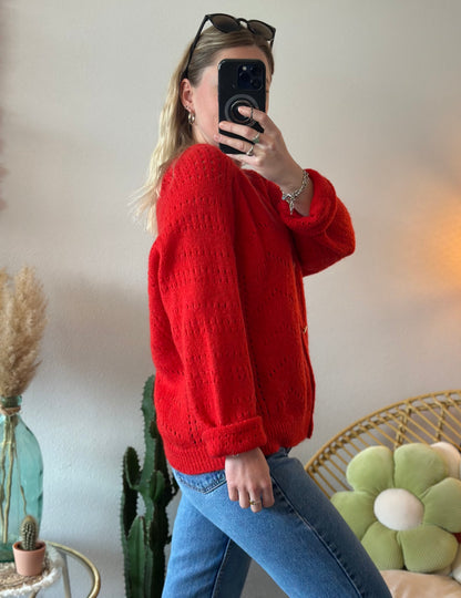 Cardigan en maille ajourée rouge mohair et laine T.U