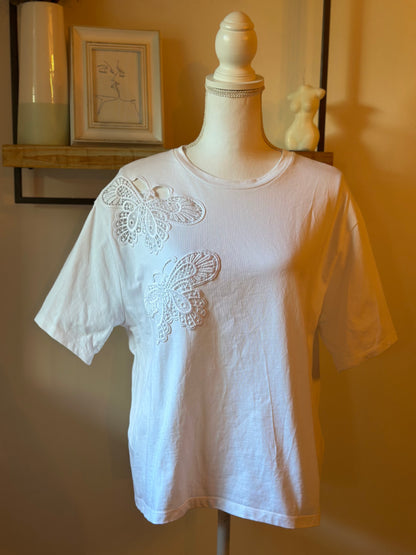 T-shirt manches courtes blanc brodé papillon en coton T.40 oversize