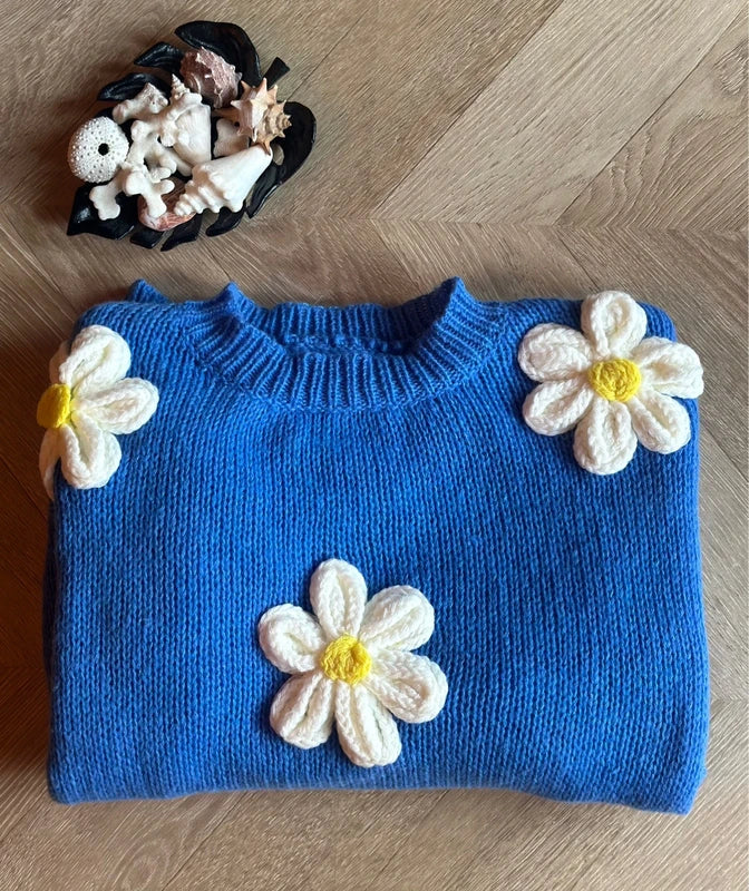 Pull oversize à fleurs en relief bleu T.36/38 neuf