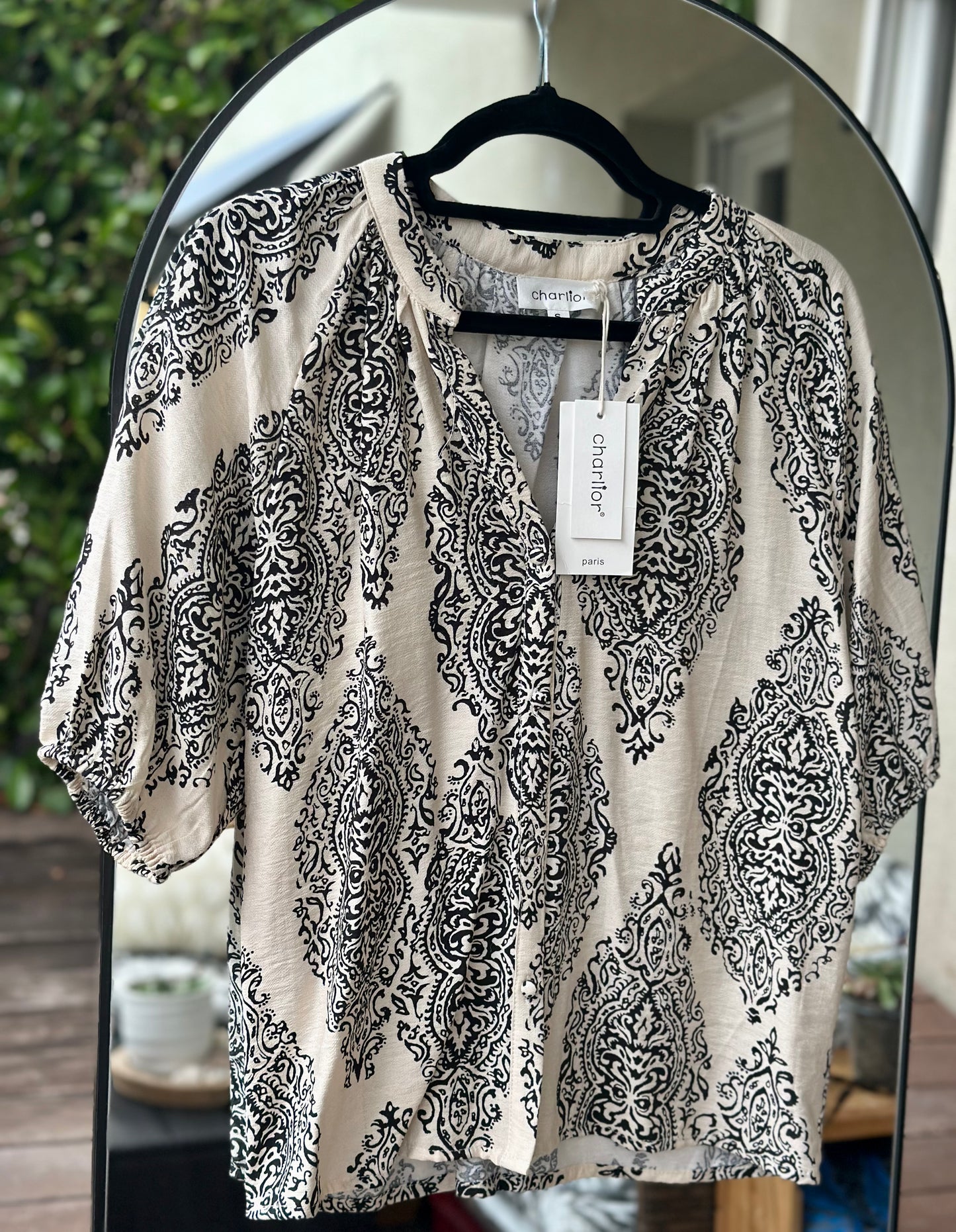 Blouse imprimé cachemire noir & écru – Neuve T.36