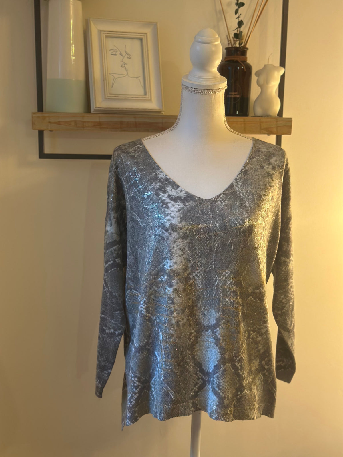 Pull tunique imprimé python kaki irisé doré et argenté T.U