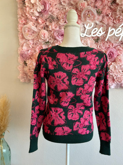 Pull en maille « Puebla » vert sapin à motif fleuri rose, T.34