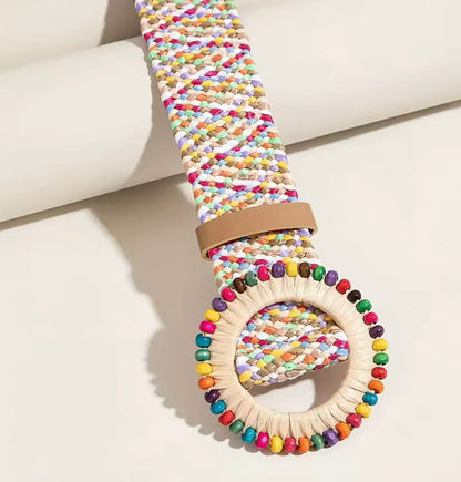 Ceinture bohème en paille tressée avec perles colorées