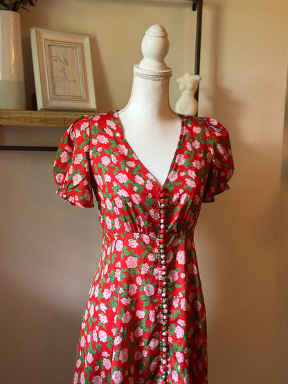Robe longue fleurie rouge en soie T.36
