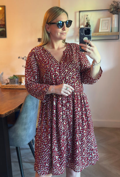 Robe fluide imprimé léopard bordeaux col V manches 3/4 T.42