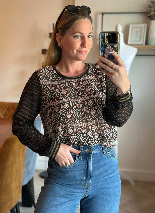 Blouse imprimé graphique noir et rouge T.38