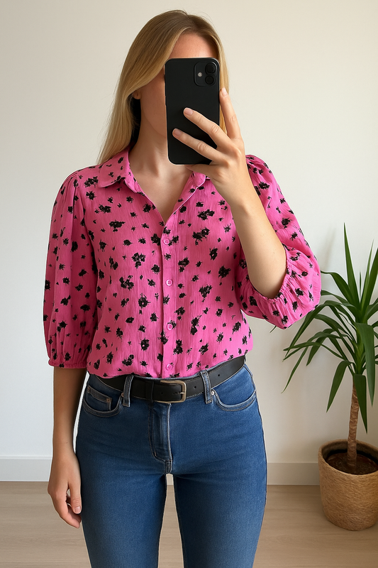 Chemise rose à imprimé noir T.36