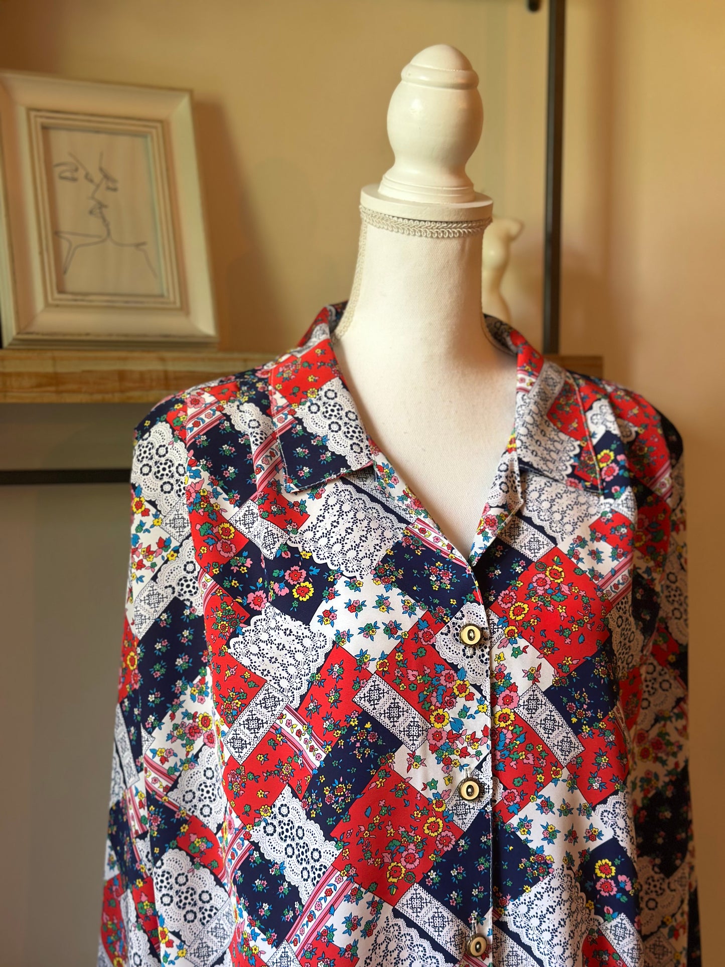 Chemise vintage imprimé patchwork fleuri made in France T.U