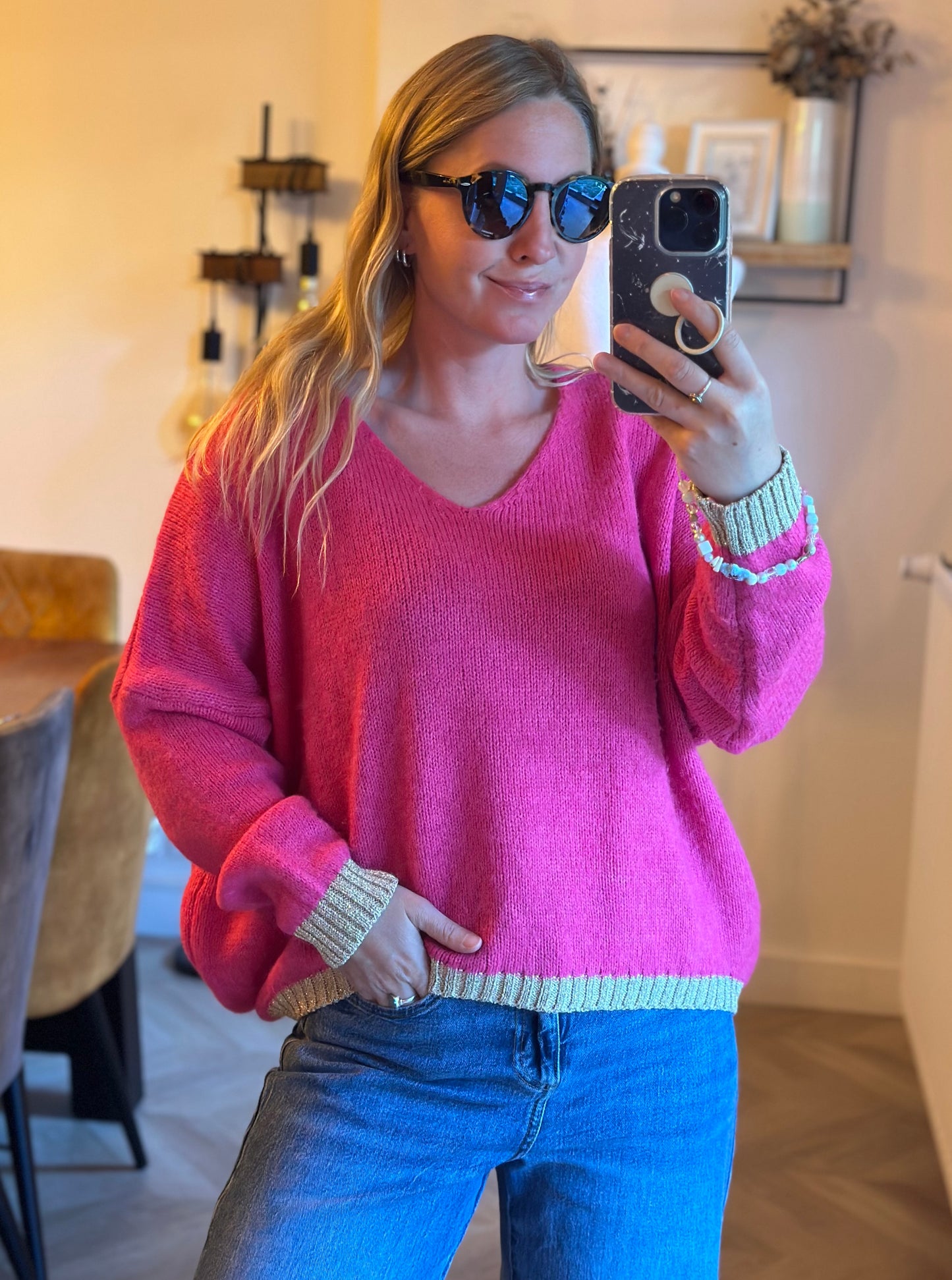 Pull col V rose fuchsia en laine fabriqué en Italie T.U