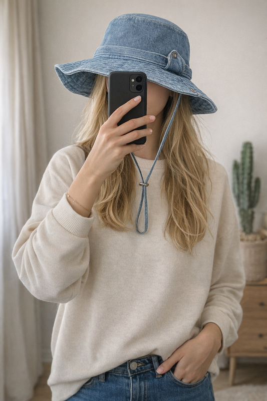 Chapeau unisexe bleu effet denim avec cordon neuf