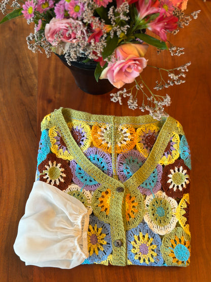 Cardigan crochet vert multicolore neuf T.36