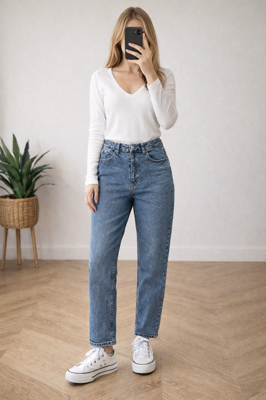 Jean mom droit en denim bleu délavé T.36