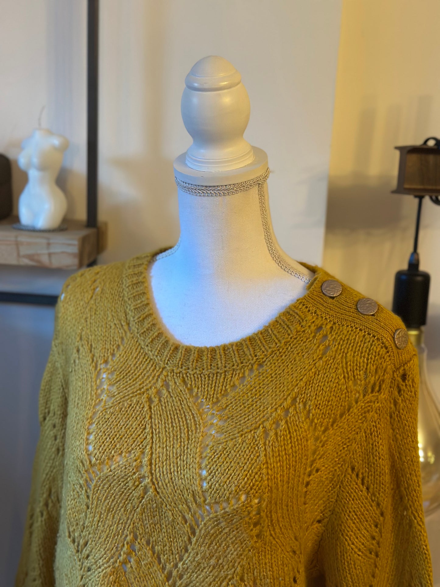 Pull maille ajourée jaune moutarde TU
