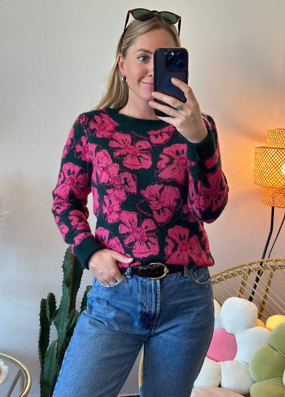 Pull en maille « Puebla » vert sapin à motif fleuri rose, T.34