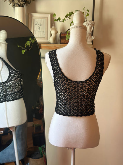 Top court crochet noir perles argentées, Vintage T.36